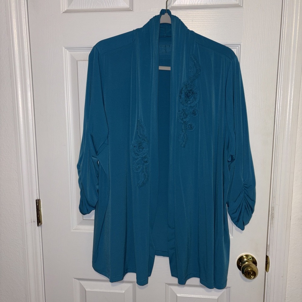 Susan Graver Liquid Knit Cardigan W/ Ruched Sleeves & Tonal Floral Appliqués 3X